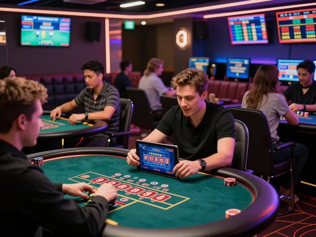 8KBET online gambling excitement with friends celebrating wins at a vibrant casino.