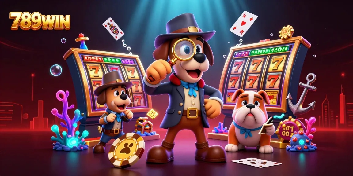 Experience the excitement of 789WIN with a detective uncovering poker clues in a dynamic casino scene.