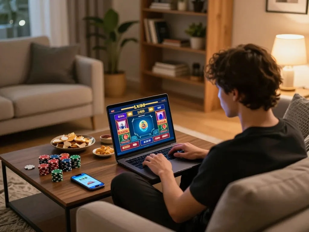 Player engaging with LV88 online casino interface from a cozy home, showcasing strategic gameplay.