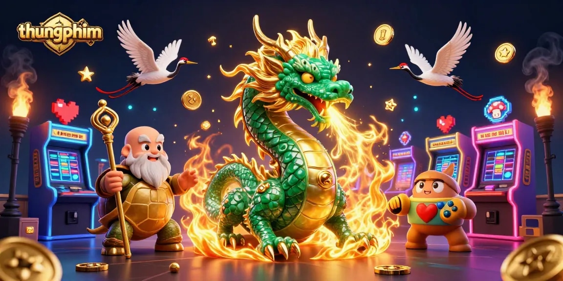 Experience thungphim with a vibrant illustration showcasing a jade dragon and lucky cranes in a casino-themed setting.