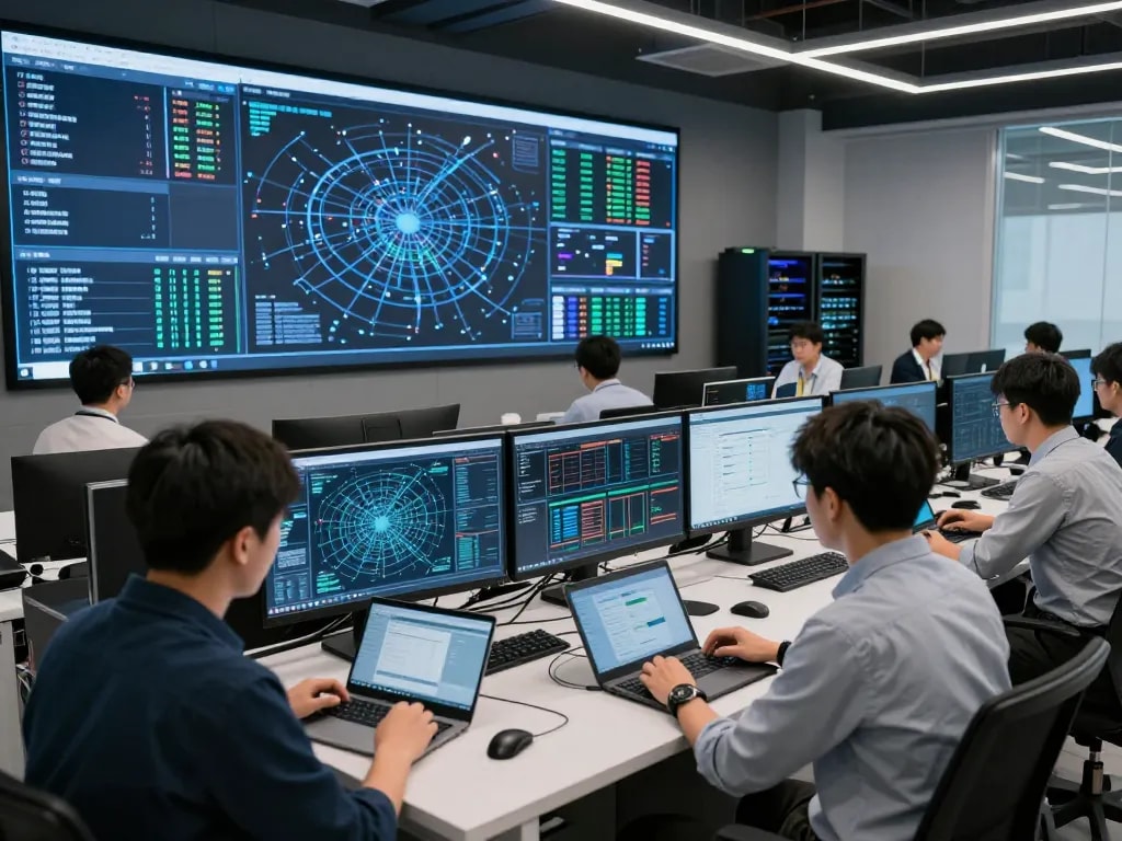 Network operation center with IT professionals optimizing 快连 services, showcasing real-time analytics.