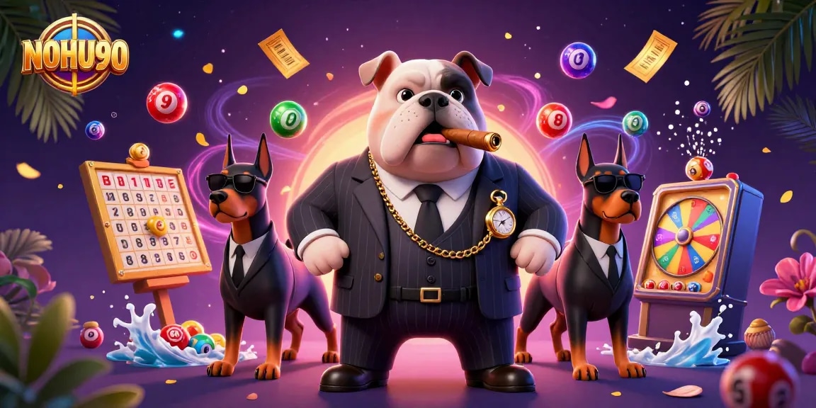 Engaging scene featuring NOHU90's cartoon mafia bulldog and Doberman bodyguards amidst colorful lottery elements and vibrant casino atmosphere.