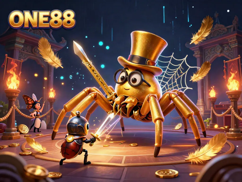 Experience the thrilling world of ONE88 as a golden tarantula weaves a rich casino web amidst vibrant game elements.