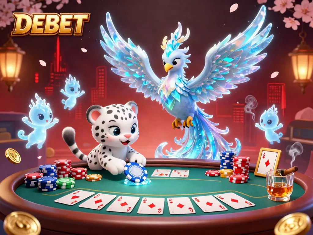 Engage with DEBET in an immersive poker game environment featuring an ice phoenix and glowing sprites.
