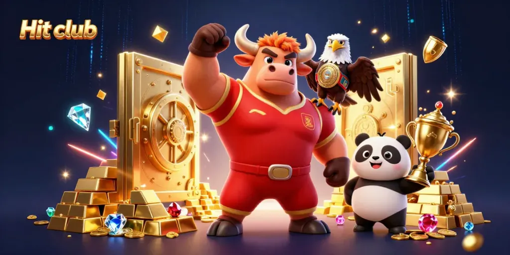 Join the excitement at Hit club with a winning streak of treasure and trophies in this vibrant casino scene.