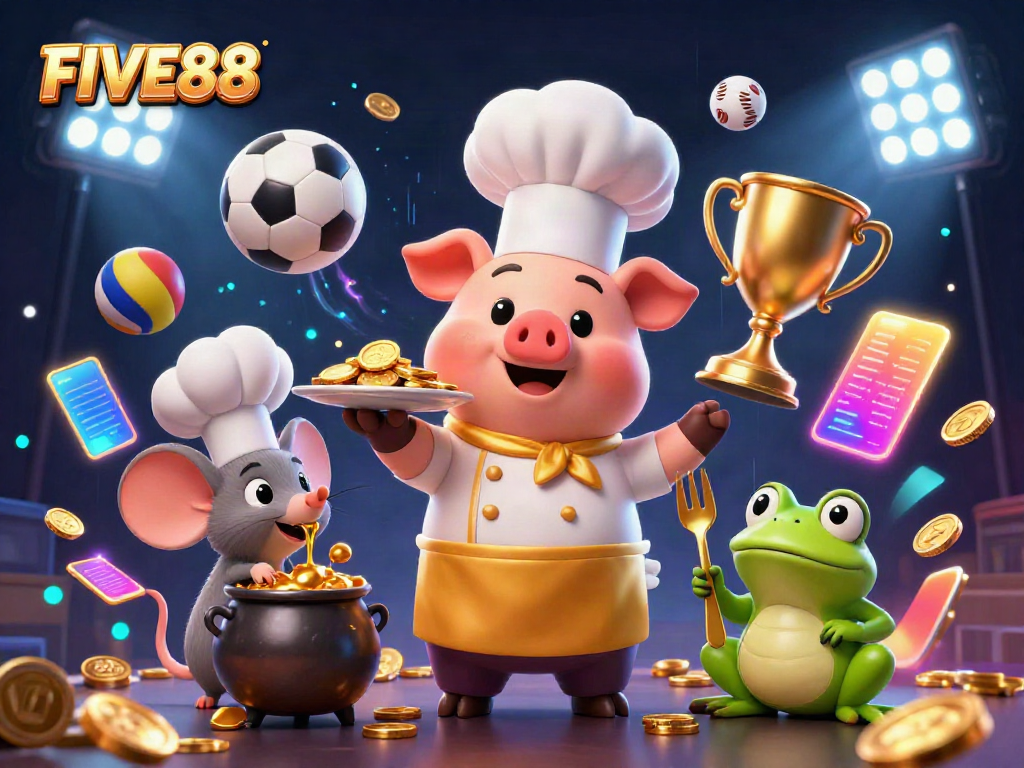Celebrate your wins at FIVE88 with this lively, vibrant casino scene full of excitement and winning elements.