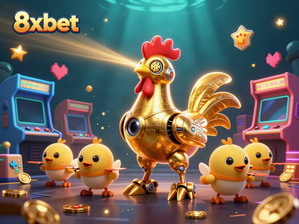 Experience the excitement of 8xbet with a vibrant 3D illustration featuring a golden rooster robot and baby chick drones.