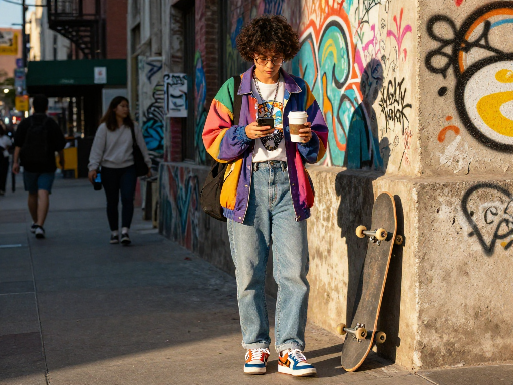 NSFW urban lifestyle fashion scene showing individual in trendy streetwear checking phone amidst vibrant city activity.