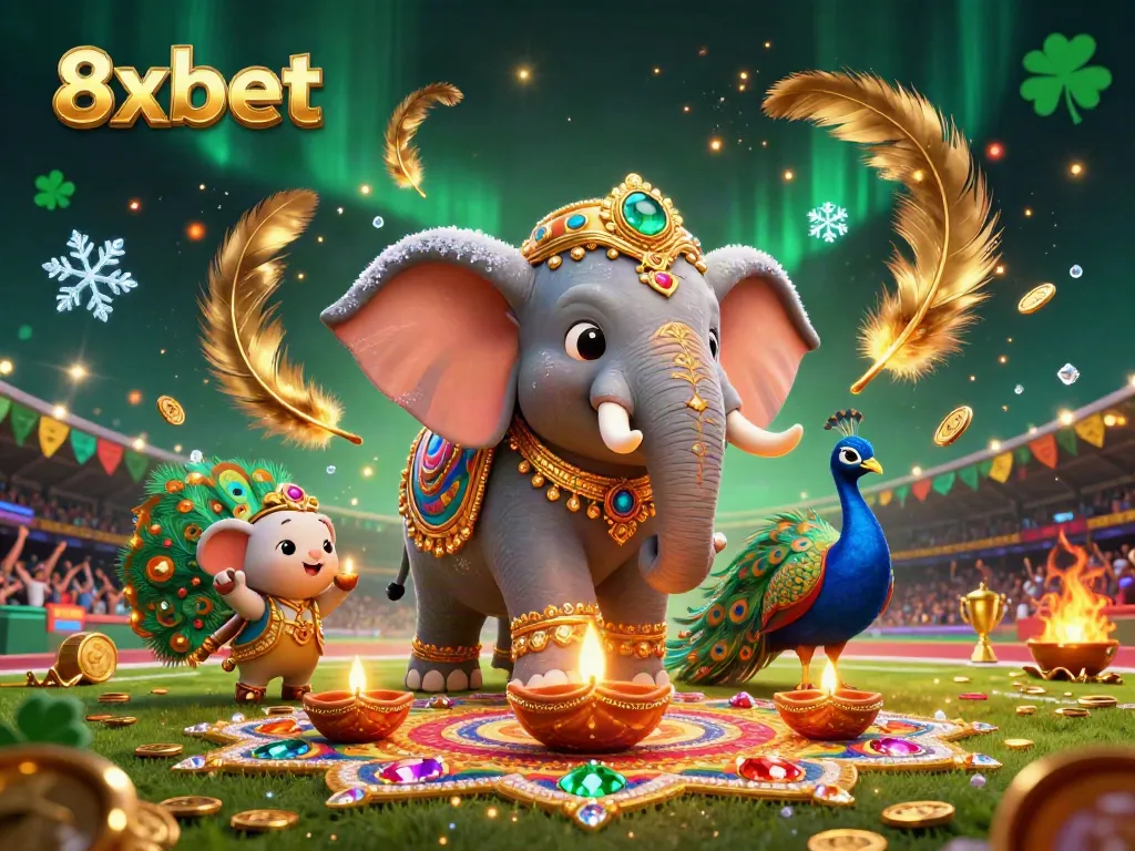 Engage in thrilling bets at 8xbet with vibrant casino elements and festive creatures.