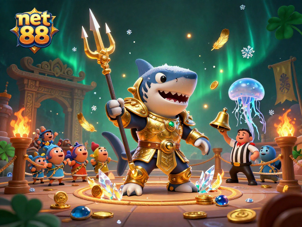 Experience the thrill of net 88 in a vibrant casino scene with a golden gladiator tiger shark.