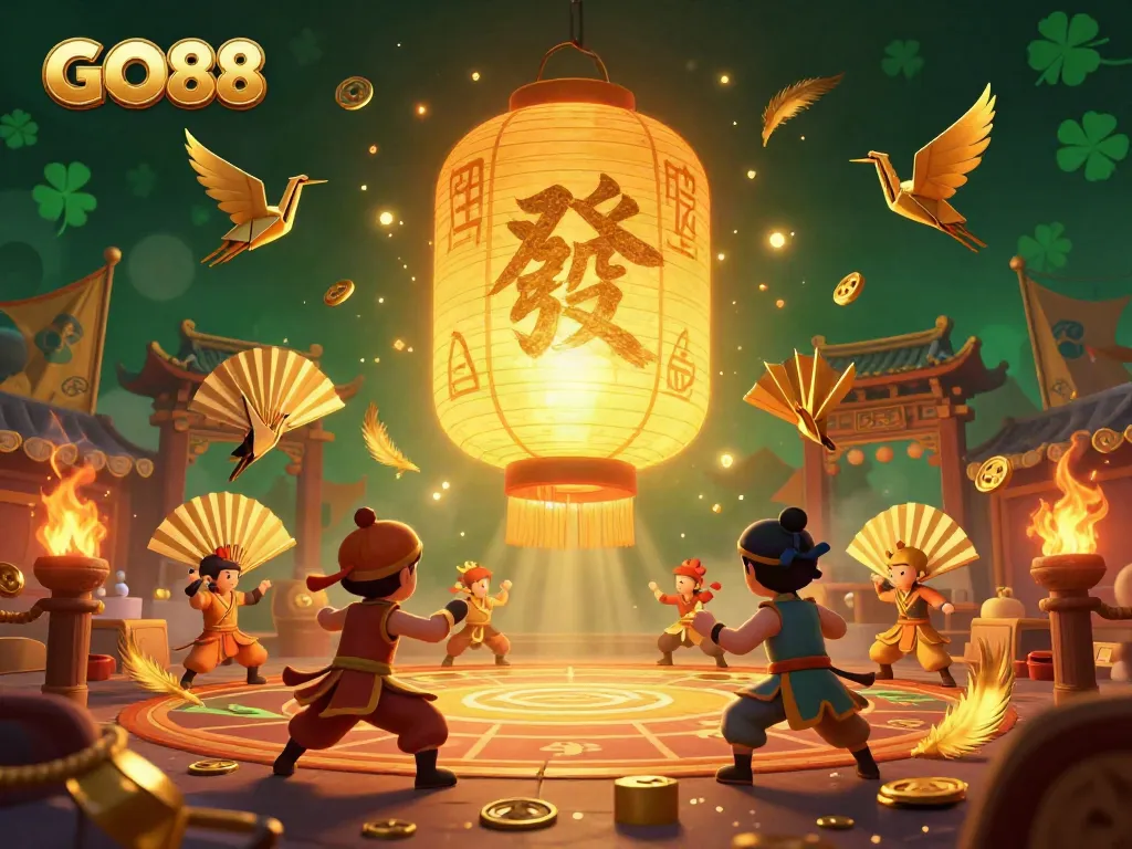Experience thrilling gaming action at GO88, featuring a vibrant night market casino scene with lucky symbols and dynamic characters.