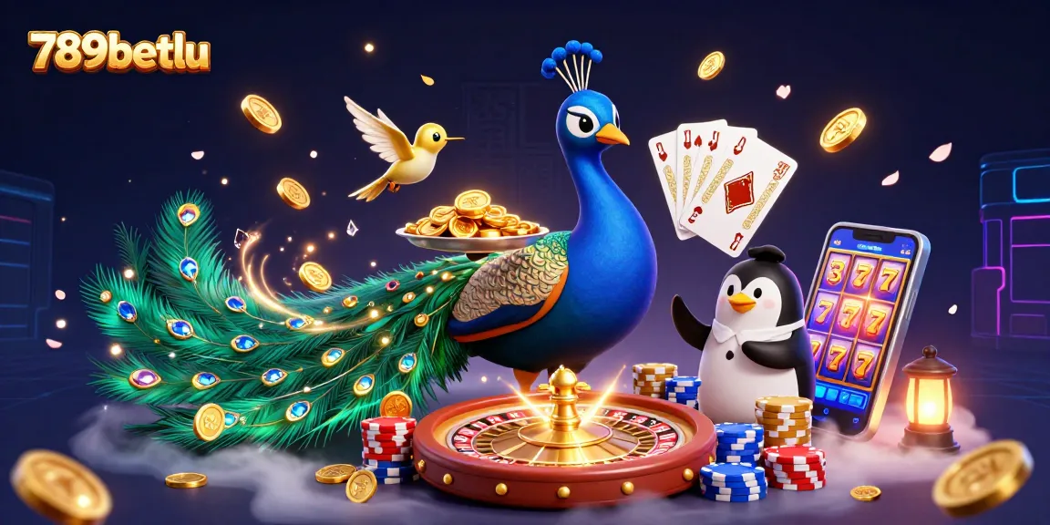 Bet on thrilling games at 789betlu with golden chips, a peacock, and dazzling winnings.