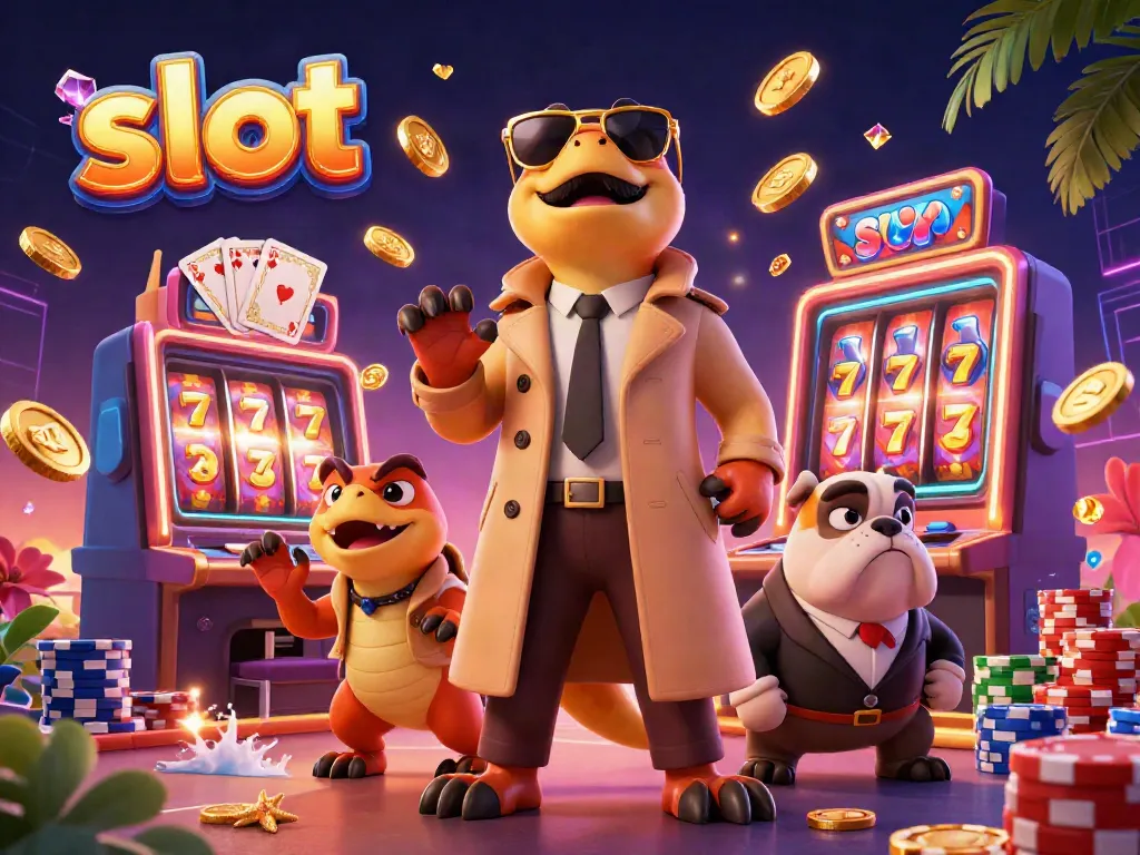 Raptors in a trench coat enter a VIP lounge with slot machines and casino elements.