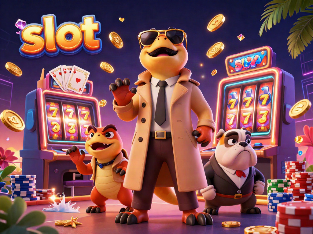 Raptors in a trench coat enter a VIP lounge with slot machines and casino elements.