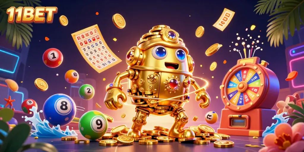 Experience the excitement of 11BET with a golden golem amidst lottery balls and vibrant casino elements.