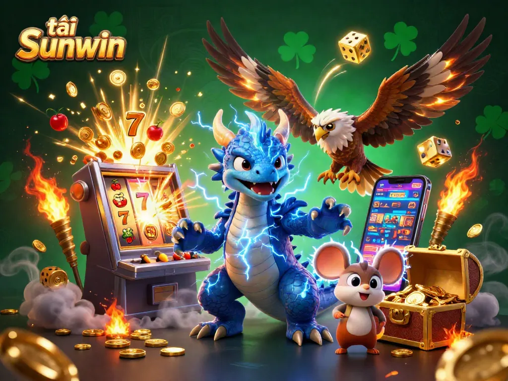 Play thrilling games with tải Sunwin in a vibrant 3D casino illustration filled with excitement.