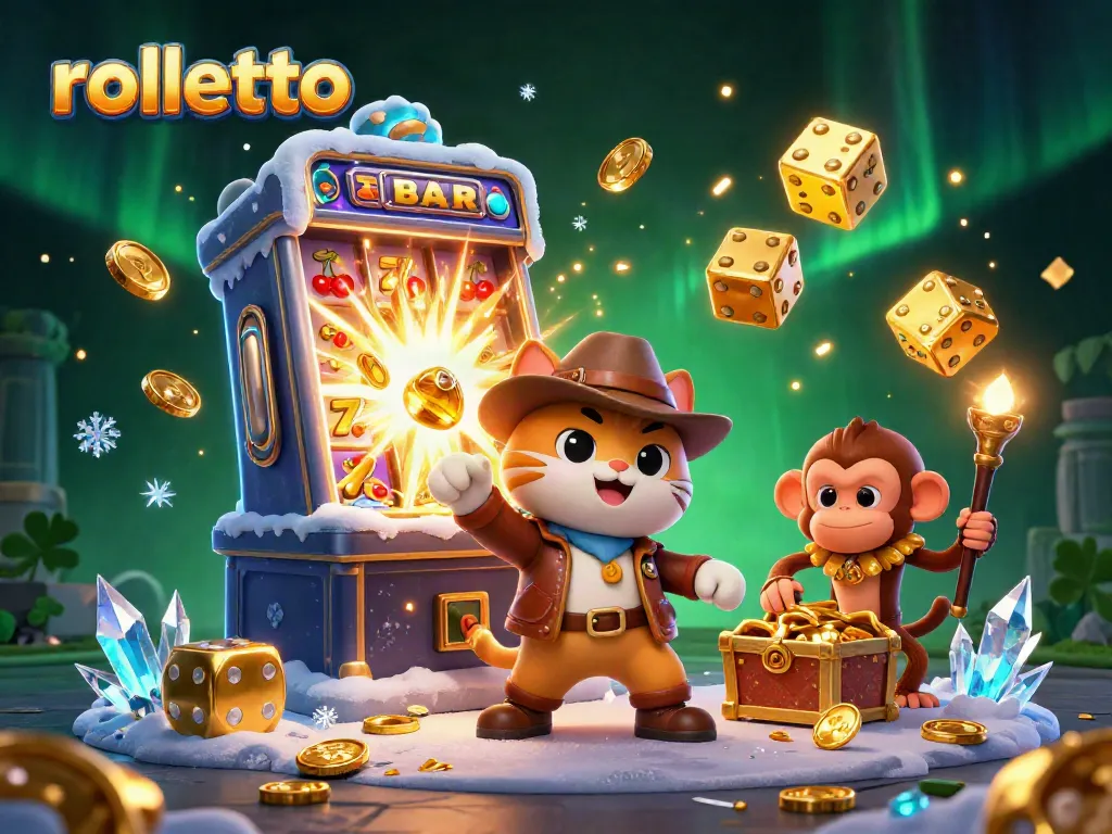 Roll into the excitement with rolletto as the animated cat finds a golden casino artifact surrounded by vibrant game elements.