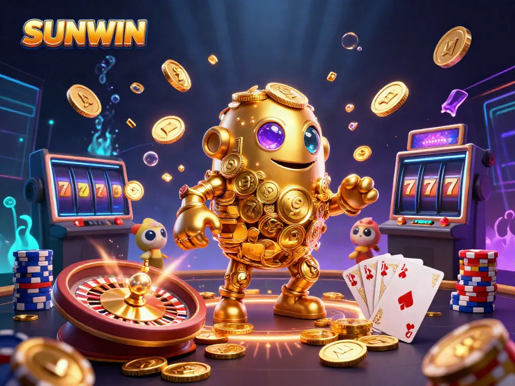 Experience the thrill of SUNWIN with its captivating gaming elements like slots and poker in this vibrant digital illustration.