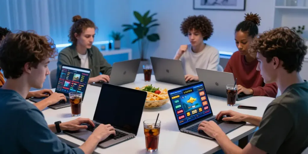 Exciting gaming scene featuring players engaging on https://lu88.vote/ with laptops and mobile devices in a modern setup.