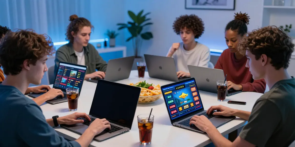 Exciting gaming scene featuring players engaging on https://lu88.vote/ with laptops and mobile devices in a modern setup.
