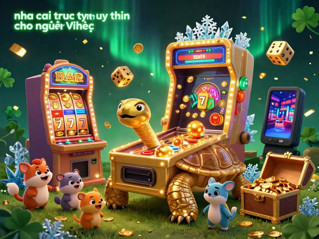 This vibrant 3D casino scene celebrates nha cai truc tuyen uy tin cho người Việt with a joyous tortoise pinball machine and bursting slot elements.