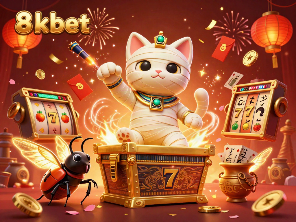 Experience the thrill of 8xbet with a dynamic illustration of a mummy cat in a pyramid casino.