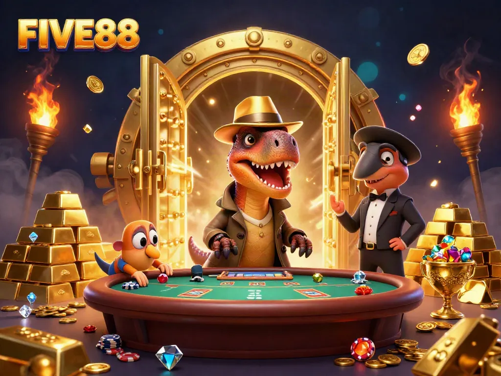 Experience the excitement of FIVE88 with cartoon characters in a vibrant casino scene.