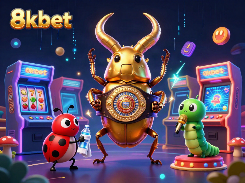 Experience thrilling gaming with 8xbet in a dynamic 3D scene featuring a boxing beetle and casino elements.