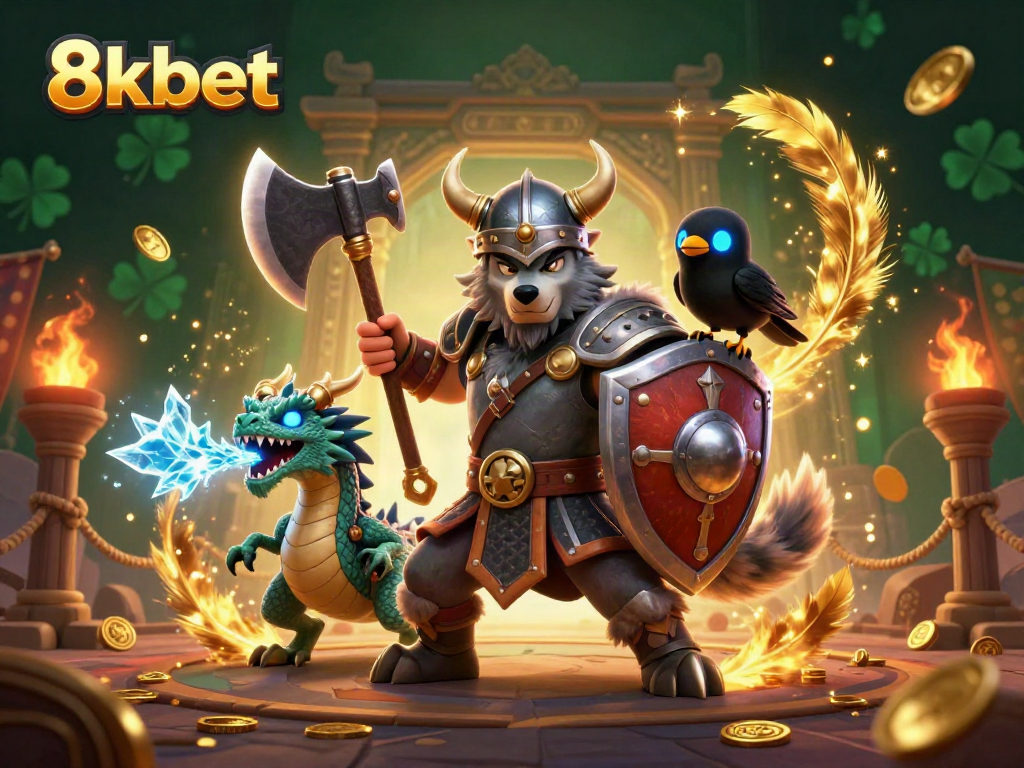 Experience thrilling action with 8xbet's Viking warrior, dragon, and raven in a dynamic casino scene.