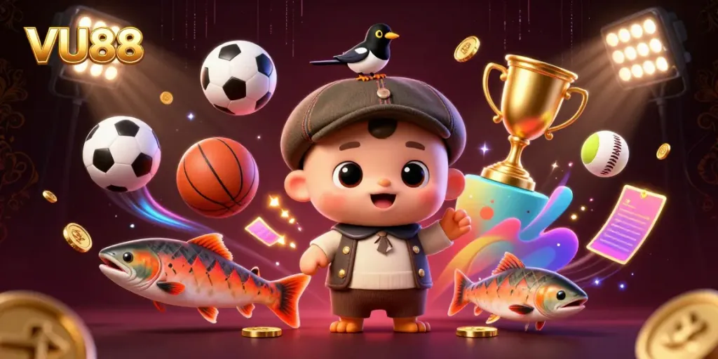 Experience thrilling gaming at VU88 with a vibrant 3D cartoon scene featuring Nessie and sports elements.