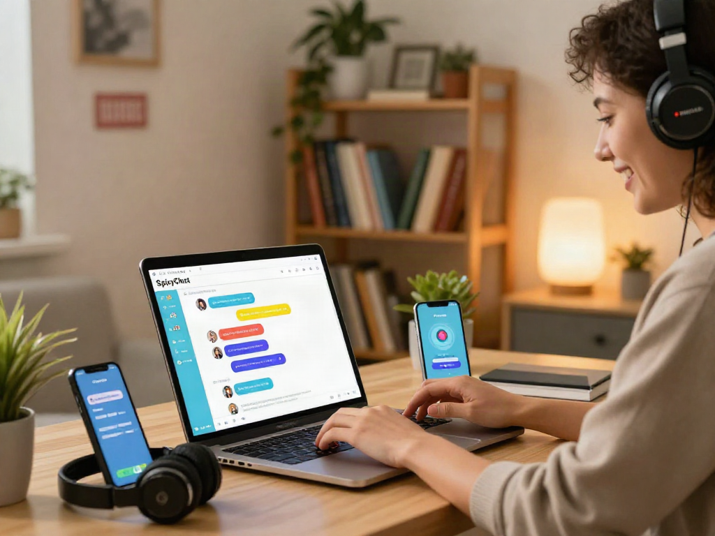 Engaging SpicyChat scene with user smiling while interacting on a trendy chat interface at home.