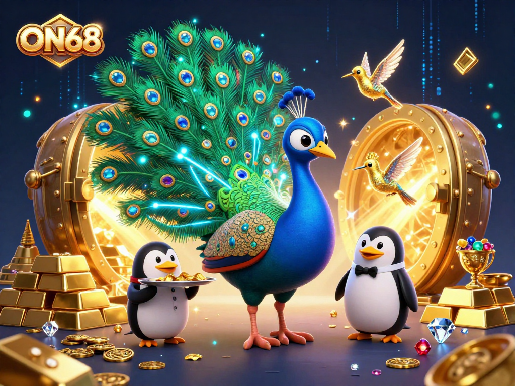 Experience thrilling wins at ON68, capturing golden chips and sparkling gems in a vibrant casino scene.