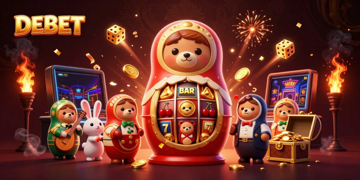 Experience the thrill of DEBET casino with playful bears, slot machines, and sparkling gold in this vibrant 3D illustration.