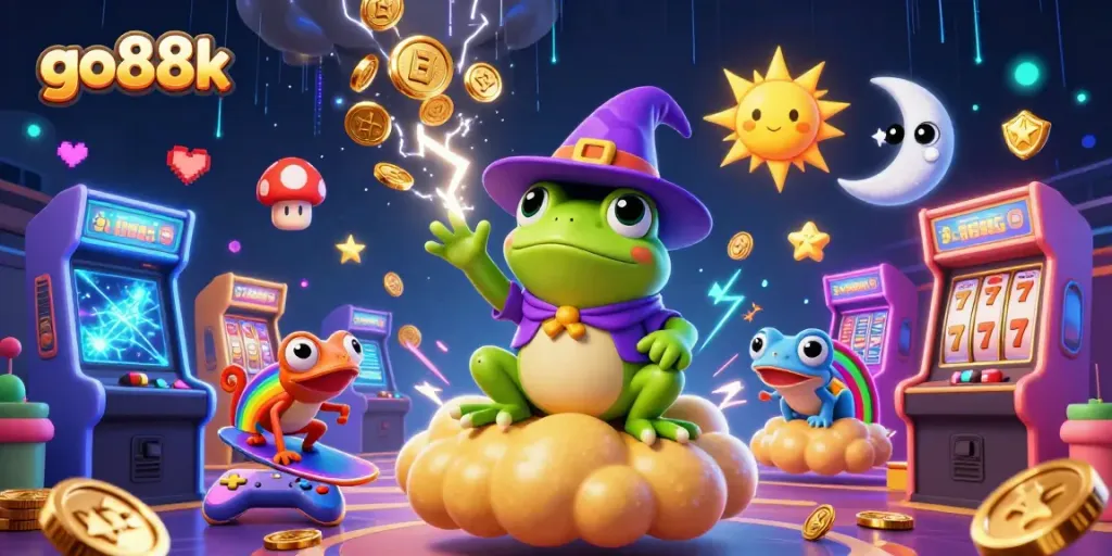 Win big at go88k with a playful 3D scene of a wizard frog, chameleon, and colorful game elements.