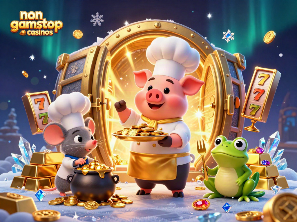 Experience the excitement at non gamstop casinos with a whimsical scene featuring a chef pig serving gold coins amidst vibrant game elements.