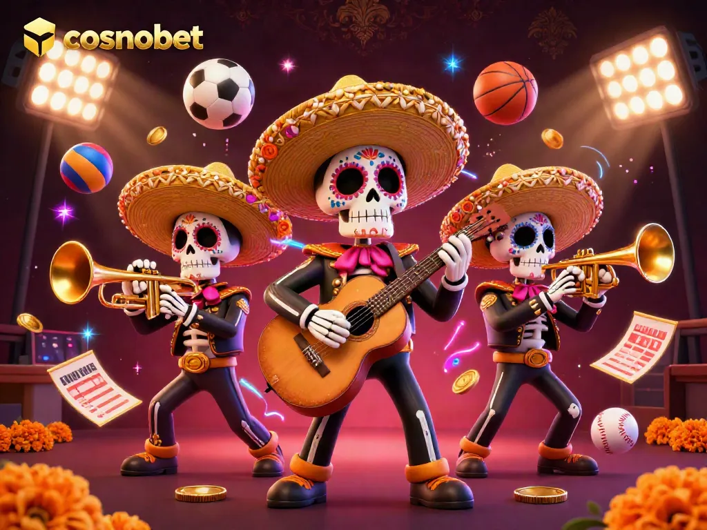 Engage with cosmobet’s thrilling world using a vibrant illustration featuring a Dia de los Muertos mariachi band with sports elements.