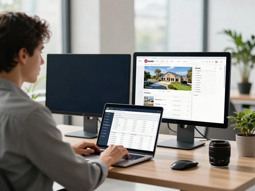 View it: Real estate agent analyzing listings in a modern office space.