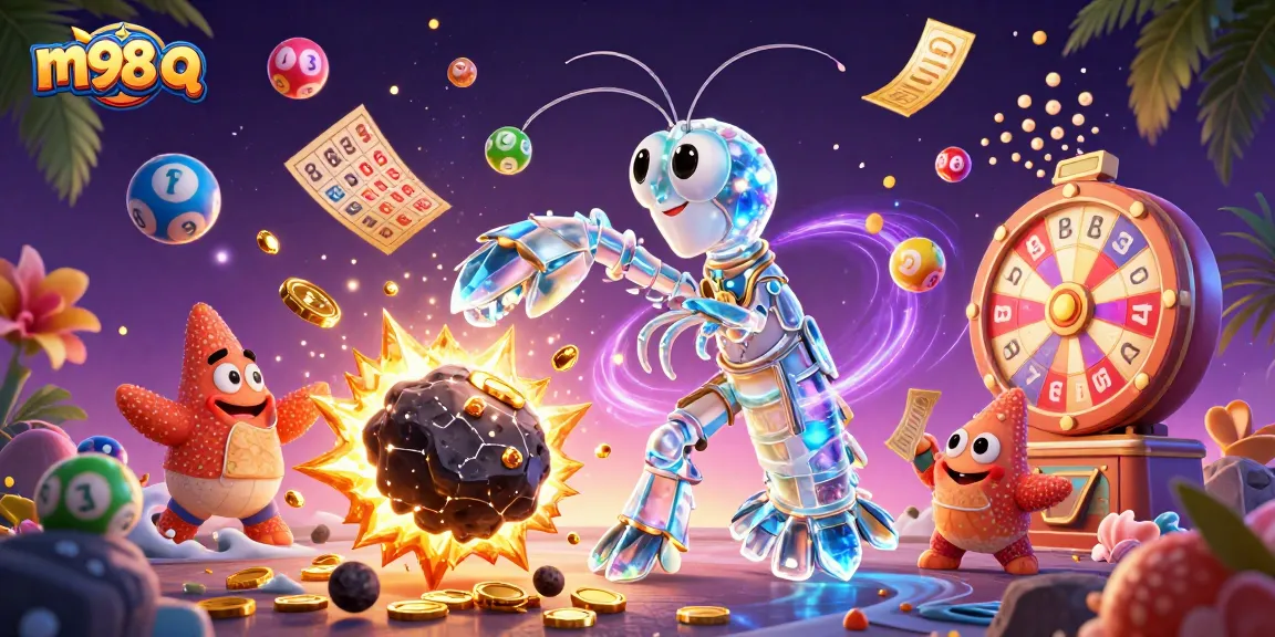 Engage with the vibrant m98 q gaming scene featuring dynamic lottery elements and characters in action.
