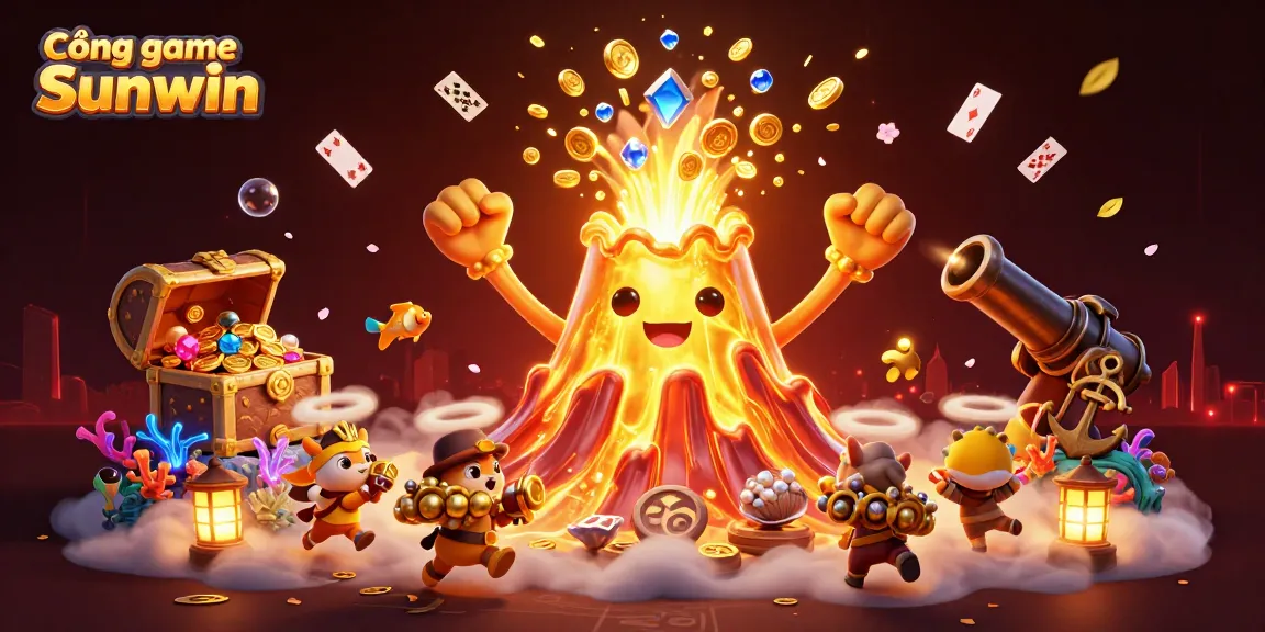 Cổng game Sunwin showcases a dynamic 3D illustration with a triumphant golden volcano erupting treasures, highlighting the excitement of online gaming.