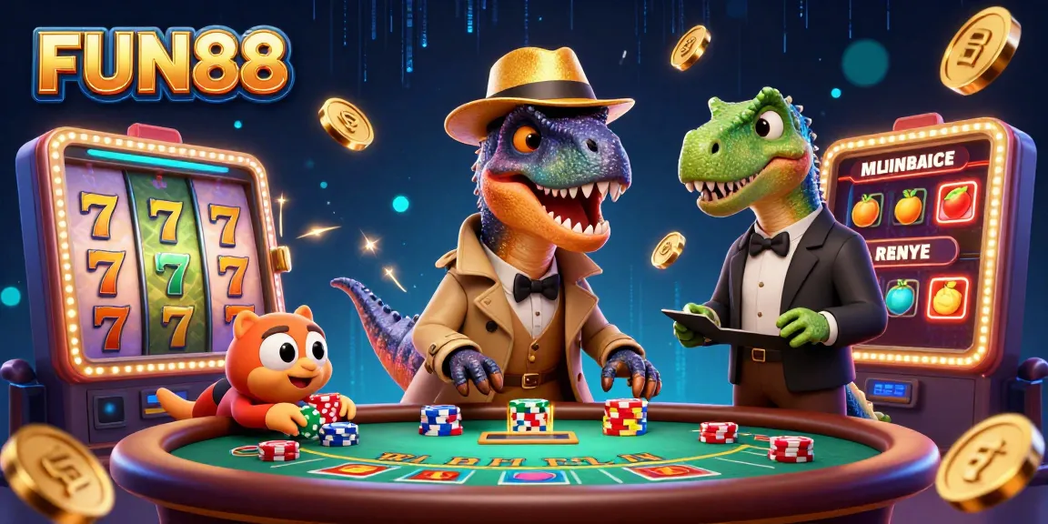 FUN88 players enjoy a lively casino scene with a velociraptor card counter and thrilling slot machines.