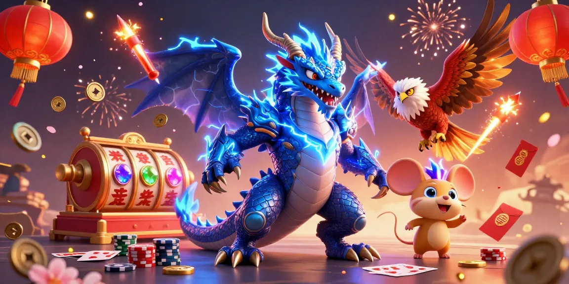 Engage in thrilling moments at TR88 with a vibrant 3D casino-themed illustration featuring dragons and iconic game elements.