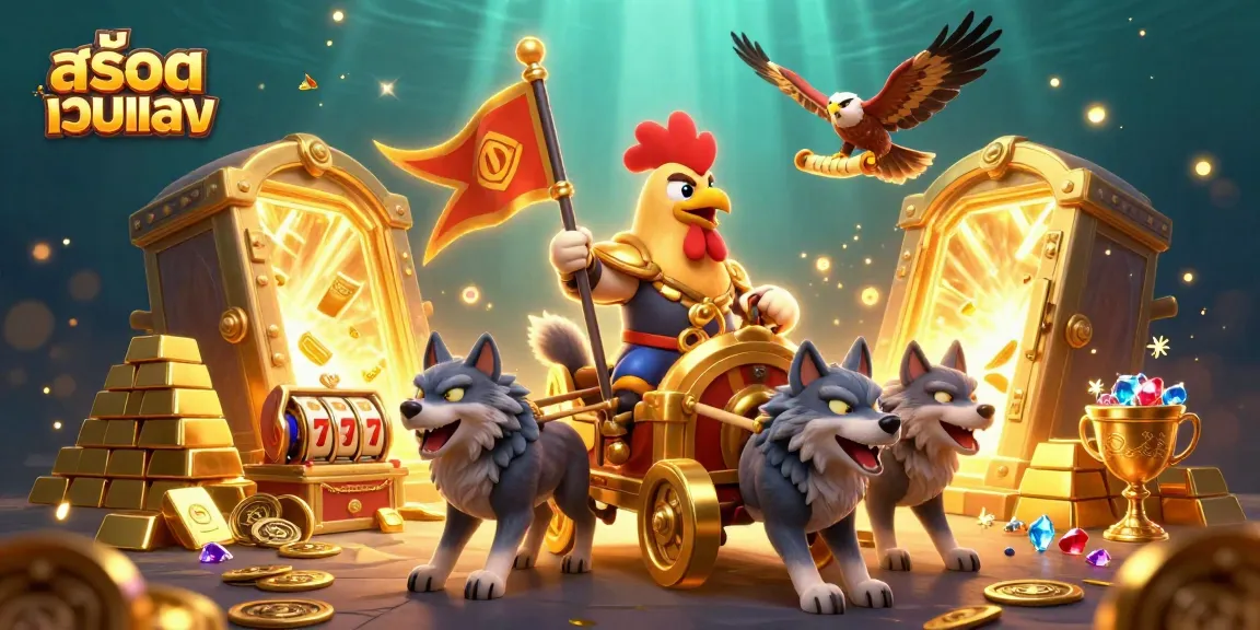 Experience สล็อตเว็บตรง action with a cartoon rooster warlord amidst a lavish casino scene.