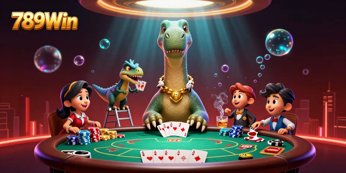 Experience thrilling action at 789Win as a giant brontosaurus oversees a high-stakes poker game.