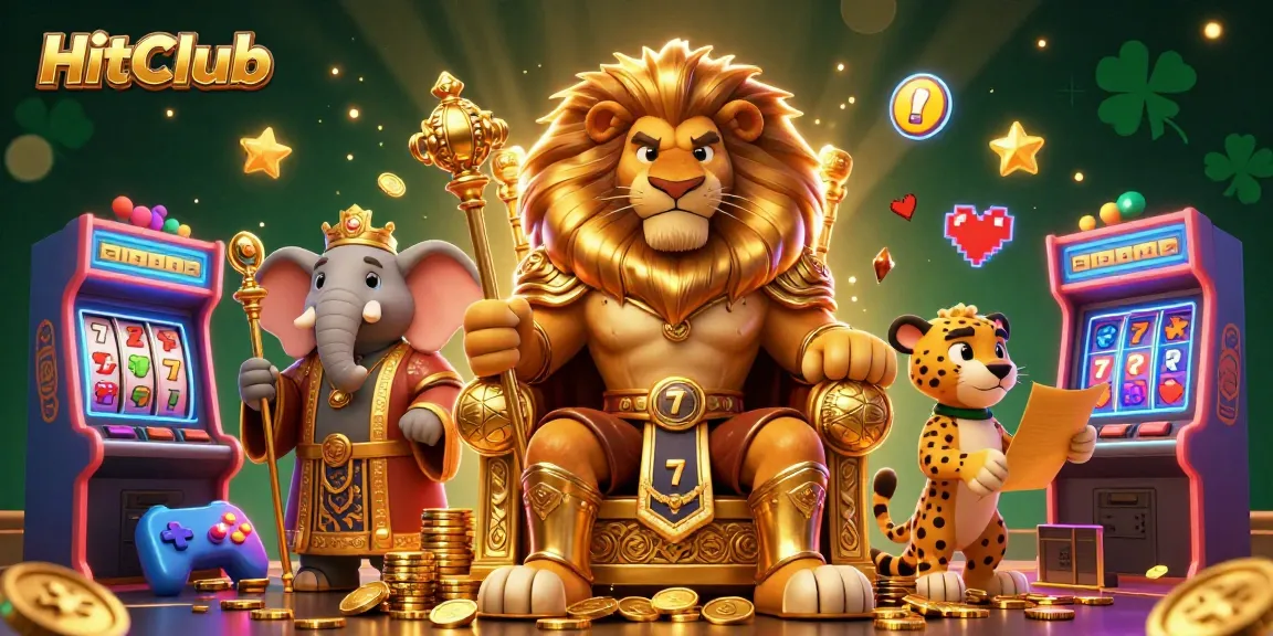 HitClub features a dynamic scene with a lion king and friends amid exciting casino games and glowing elements.