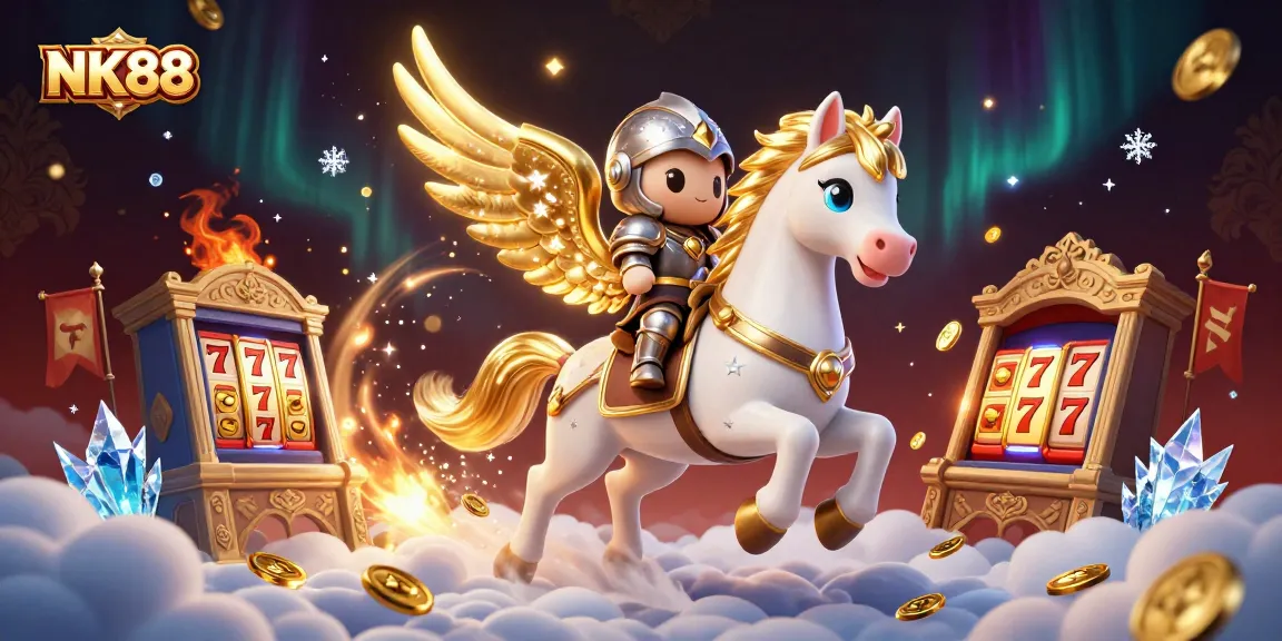 Experience the thrill of winning at NK88 with a dynamic casino scene featuring a celestial horse and exciting slots.