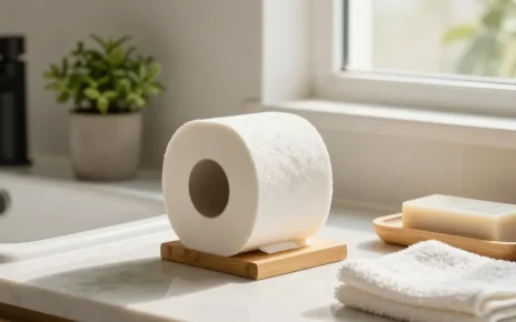 Soft bamboo loo roll on stylish holder in eco-friendly bathroom setting with natural light.