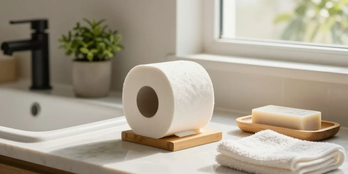 Soft bamboo loo roll on stylish holder in eco-friendly bathroom setting with natural light.
